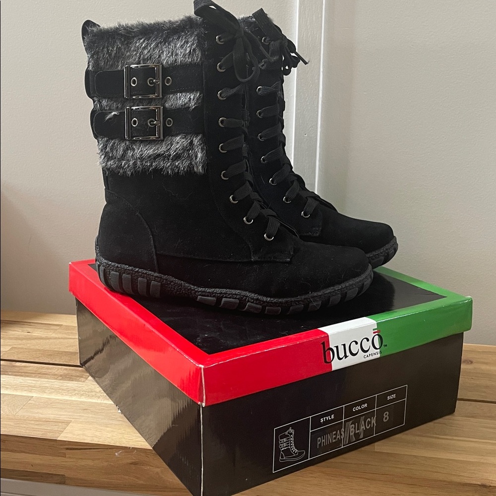 Bucco Phineas Black Fur-Trimmed Lace-Up Boots Size 8